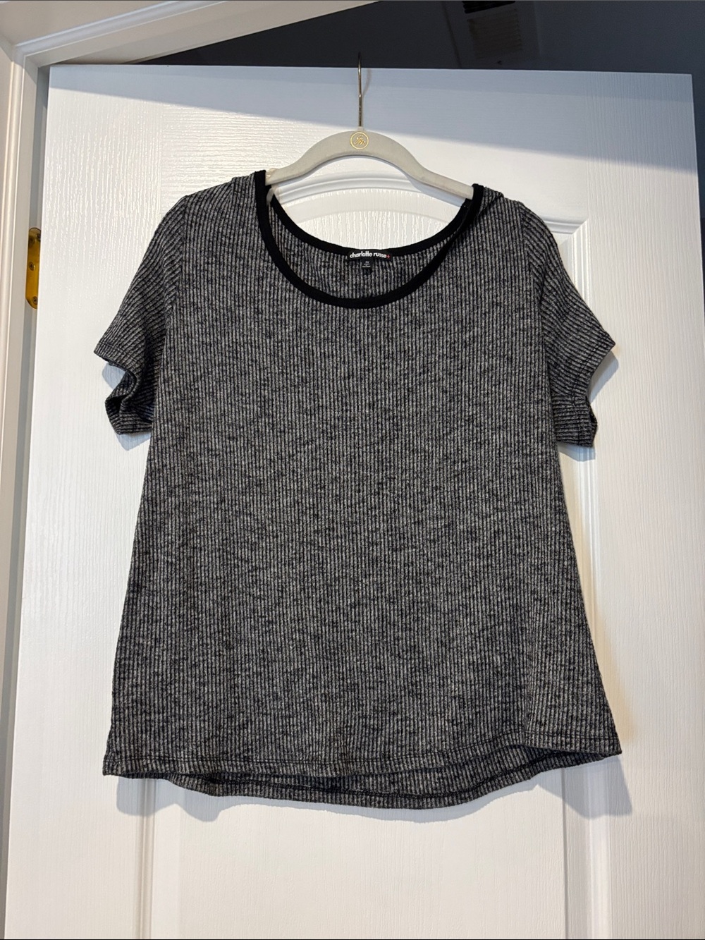 Short Sleeve Ribbed Knit Tee - Black/Gray